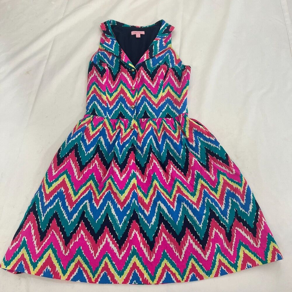 Lilly Pulitzer‎ Sleeveless Chevron V Neck Multicolor Dress Gold Button Size 0